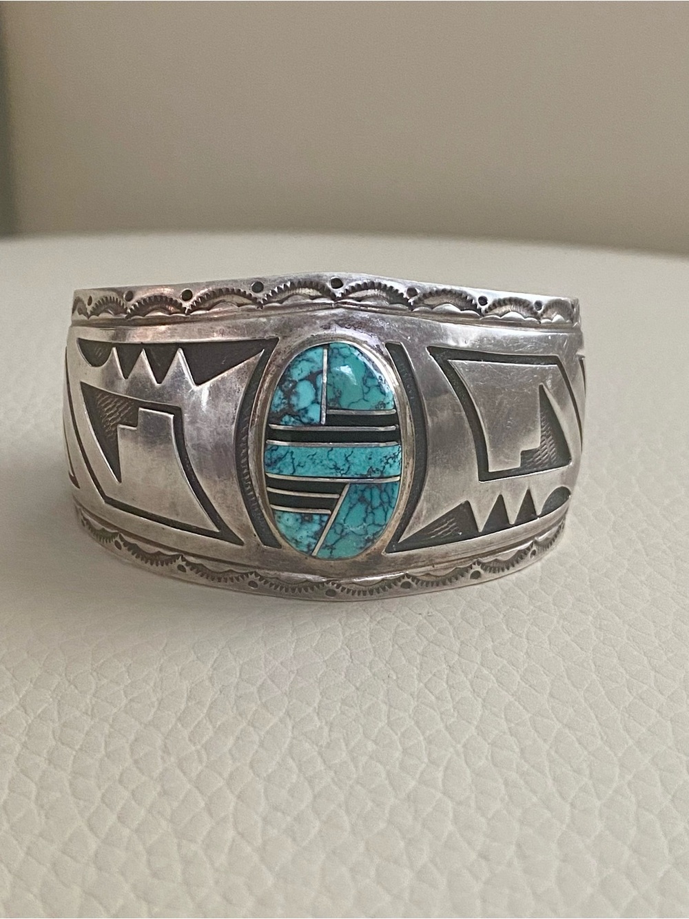Vintage 90s Charlie Bowie Navajo Sterling Silver Turquoise Inlay Cuff Bracelet